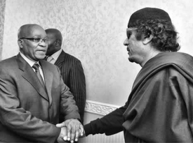 South African President Jacob Zuma meets with Mouammar Gaddafi on May 30, 2011 as part of an African Union effort to find a peaceful solution to the conflict.